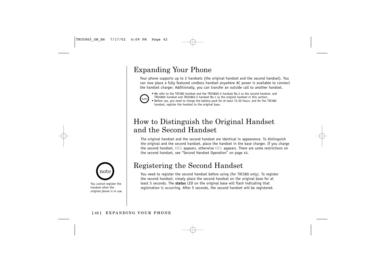 Expanding your phone, Registering the second handset | Uniden Cordless Telephon User Manual | Page 43 / 57