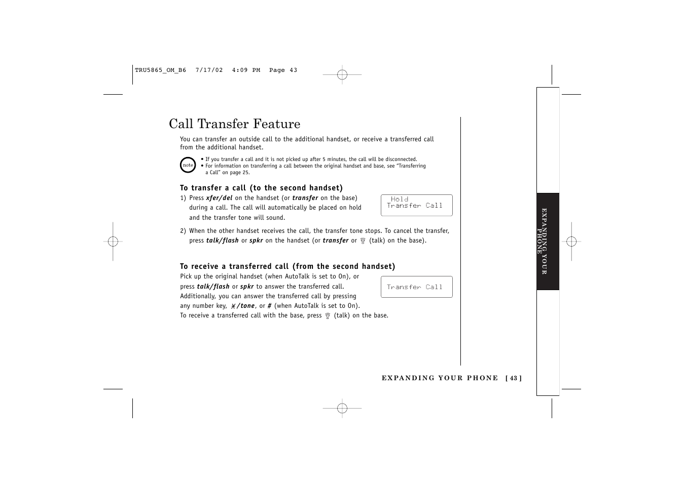 Call transfer feature | Uniden Cordless Telephon User Manual | Page 44 / 57