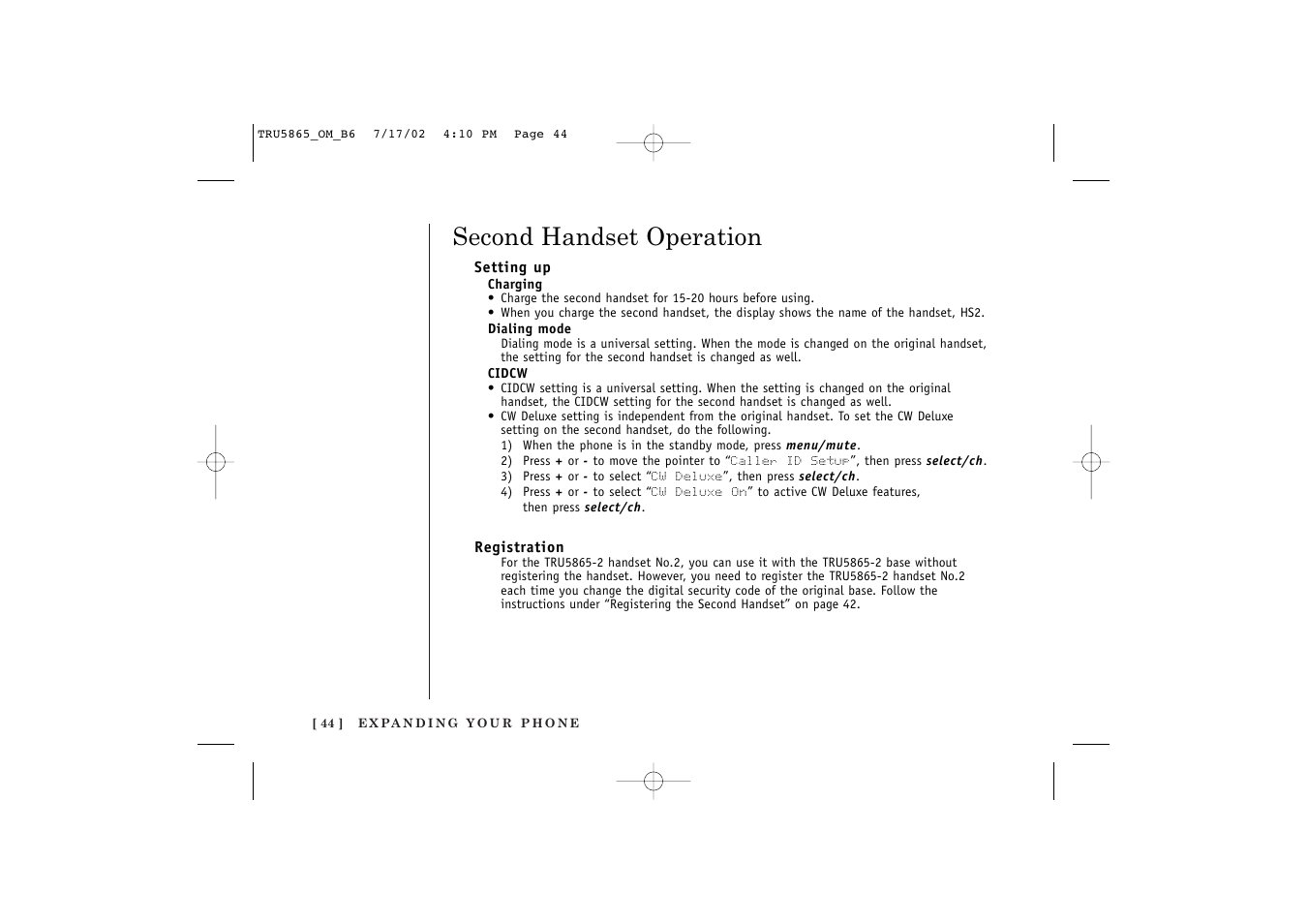 Second handset operation | Uniden Cordless Telephon User Manual | Page 45 / 57