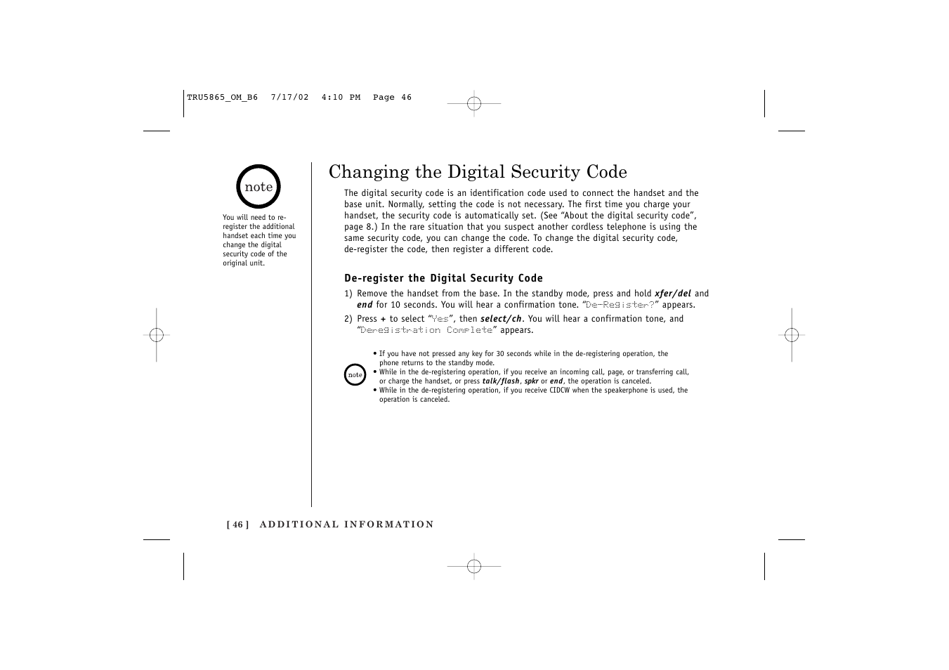 Changing the digital security code | Uniden Cordless Telephon User Manual | Page 47 / 57