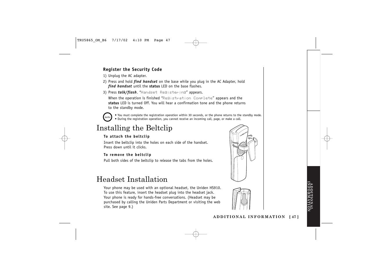 Installing the beltclip, Headset installation | Uniden Cordless Telephon User Manual | Page 48 / 57