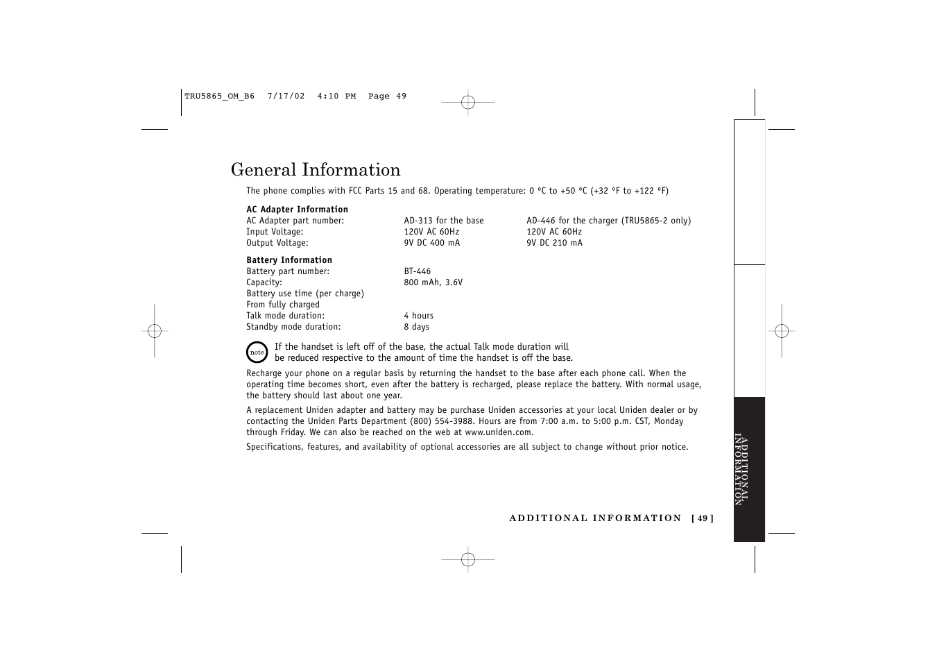 General information | Uniden Cordless Telephon User Manual | Page 50 / 57