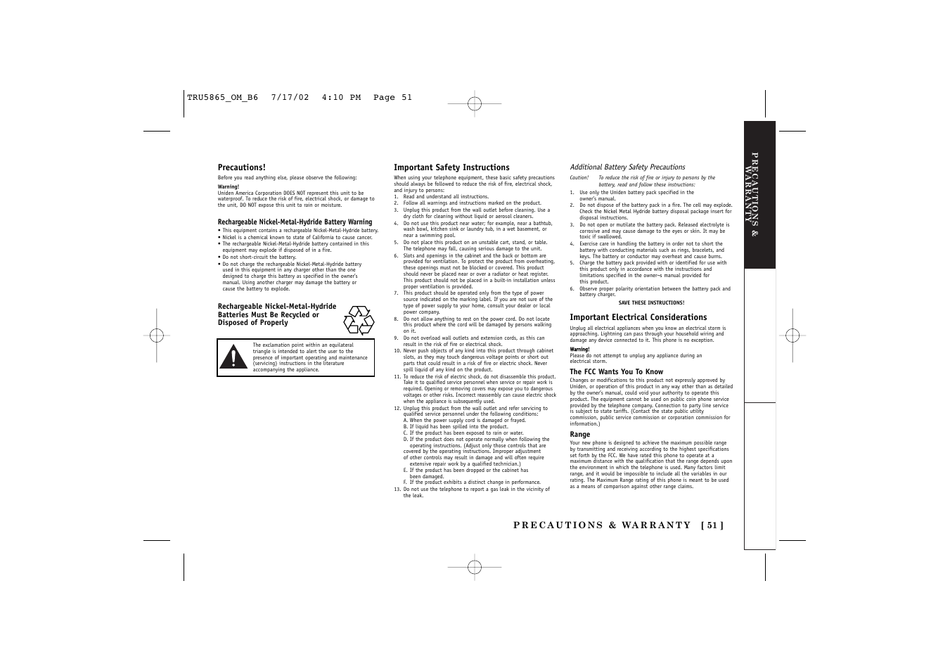 Important safety instructions, Important electrical considerations | Uniden Cordless Telephon User Manual | Page 52 / 57