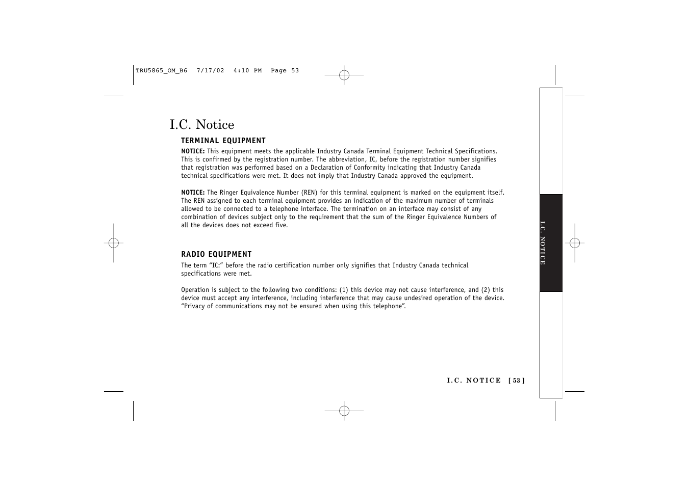 I.c. notice | Uniden Cordless Telephon User Manual | Page 54 / 57
