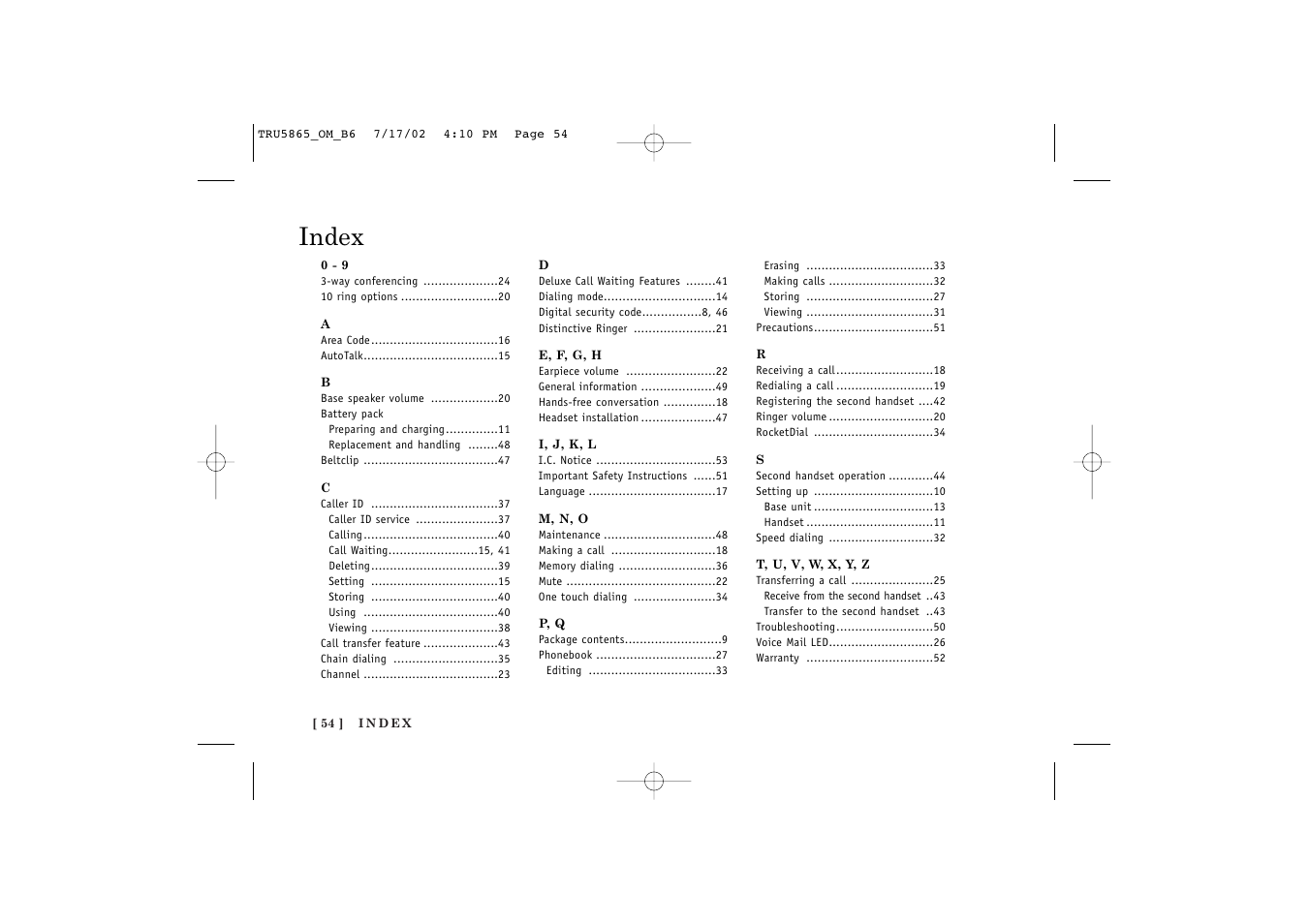 Index | Uniden Cordless Telephon User Manual | Page 55 / 57