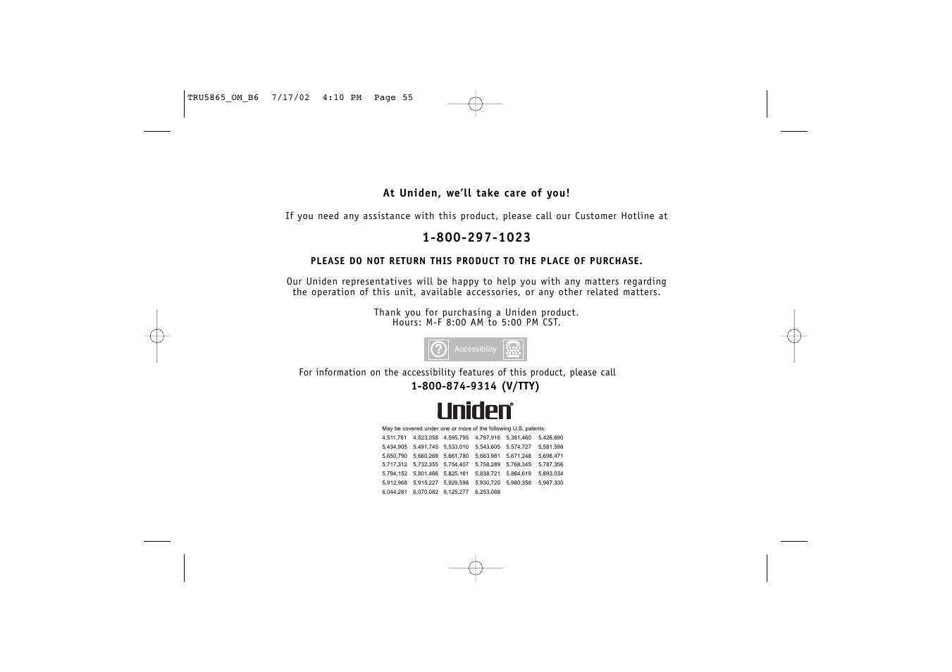 At uniden, we’ll take care of you | Uniden Cordless Telephon User Manual | Page 56 / 57