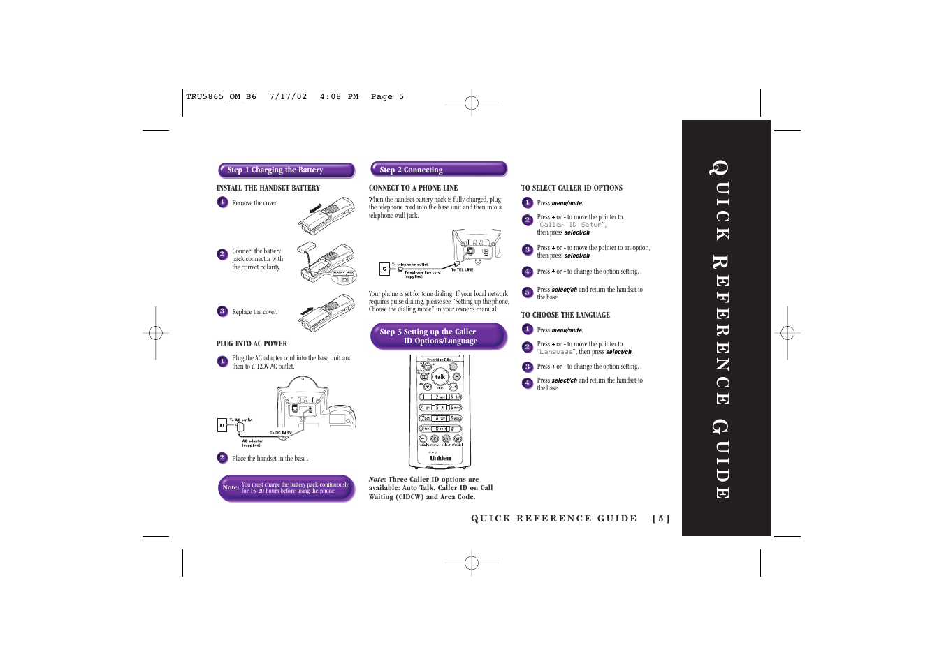 Uick, Eference, Uide | Uniden Cordless Telephon User Manual | Page 6 / 57
