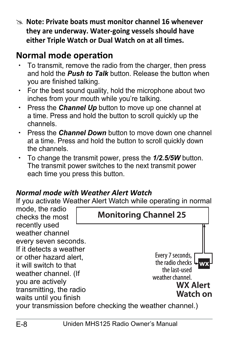 Normal mode operation, Normal mode with weather alert watch, Normal.mode.operation................ e-8 | Normal.mode.with.weather, Alert.watch.............................. e-8, Wx alert watch on monitoring channel 25 | Uniden MHS125 User Manual | Page 12 / 40