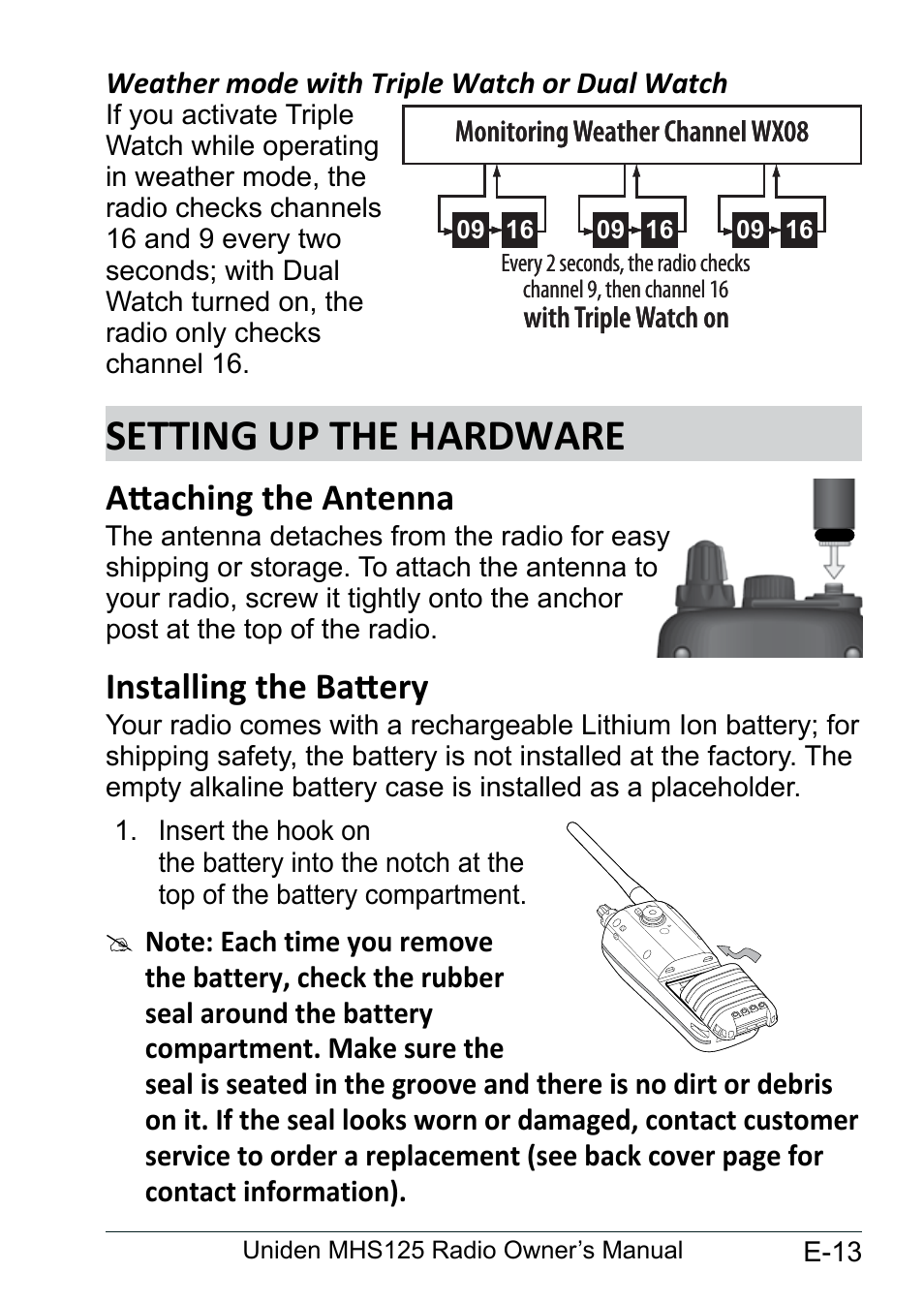 Weather mode with triple watch or dual watch, Setting up the hardware, Attaching the antenna | Installing the battery, Weather.mode.with.triple, Watch.or.dual.watch............ e-13, Setting.up.the.hardware.......... e-13, Attaching.the.antenna................ e-13, Installing.the.battery................... e-13 | Uniden MHS125 User Manual | Page 17 / 40
