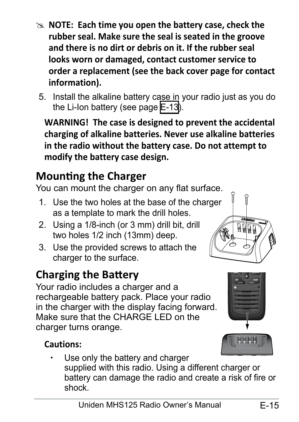 Mounting the charger, Charging the battery, Mounting.the.charger................. e-15 | Charging.the.battery................... e-15 | Uniden MHS125 User Manual | Page 19 / 40