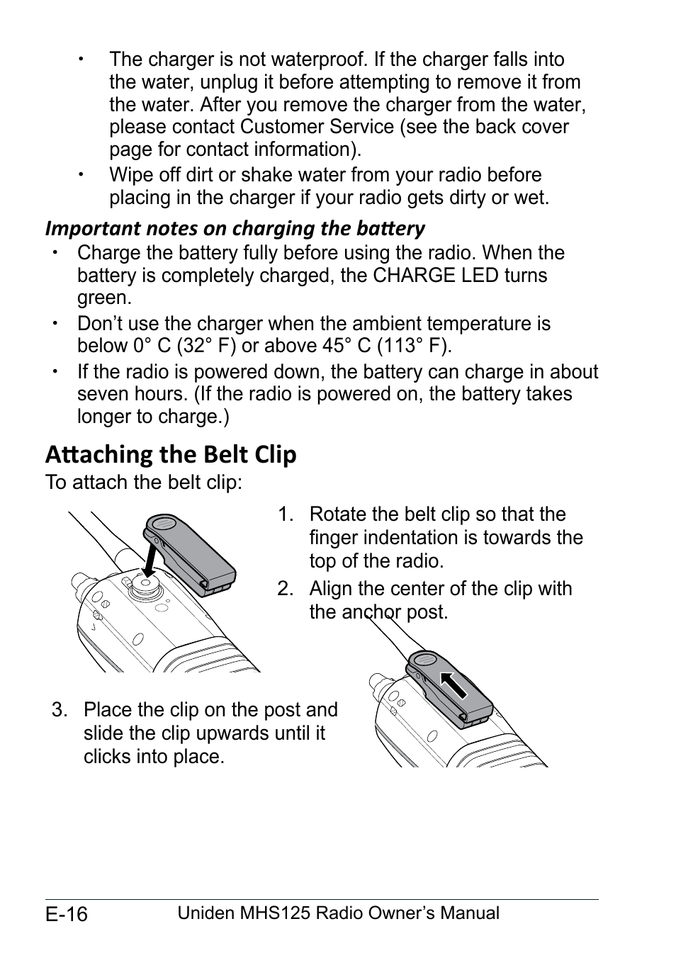Important notes on charging the battery, Attaching the belt clip, Important.notes.on | Charging.the.battery.............. e-16, Attaching.the.belt.clip................ e-16 | Uniden MHS125 User Manual | Page 20 / 40