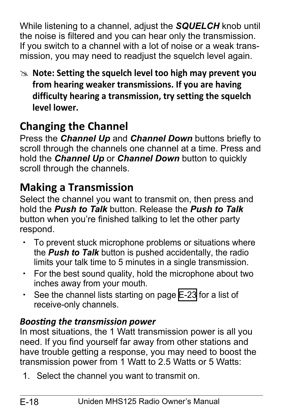 Changing the channel, Making a transmission, Boosting the transmission power | Changing.the.channel................ e-18, Making.a.transmission............... e-18, Boosting.the.transmission, Power.................................... e-18 | Uniden MHS125 User Manual | Page 22 / 40