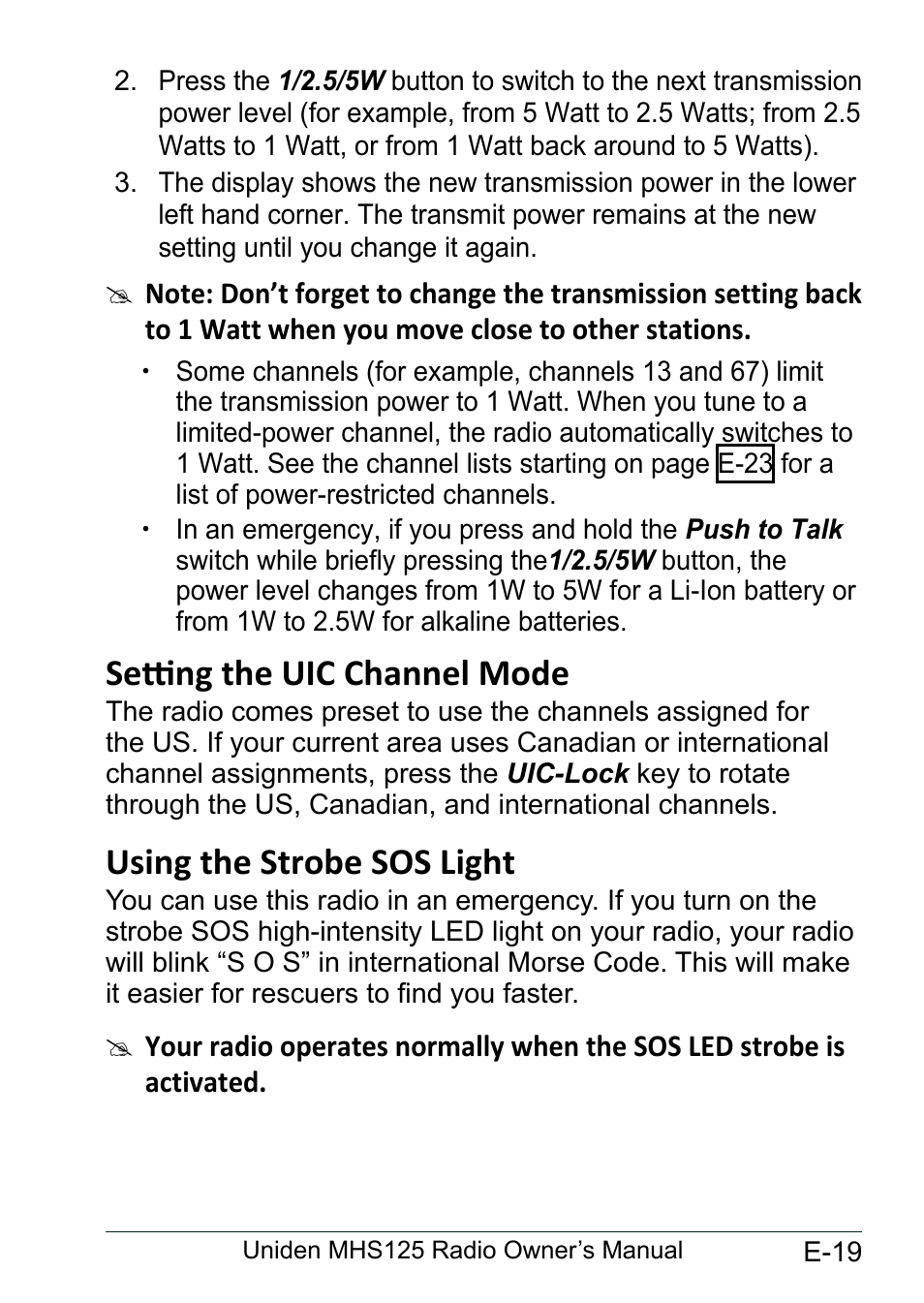 Setting the uic channel mode, Using the strobe sos light, Setting.the.uic.channel.mode... e-19 | Using.the.strobe.sos.light....... e-19 | Uniden MHS125 User Manual | Page 23 / 40