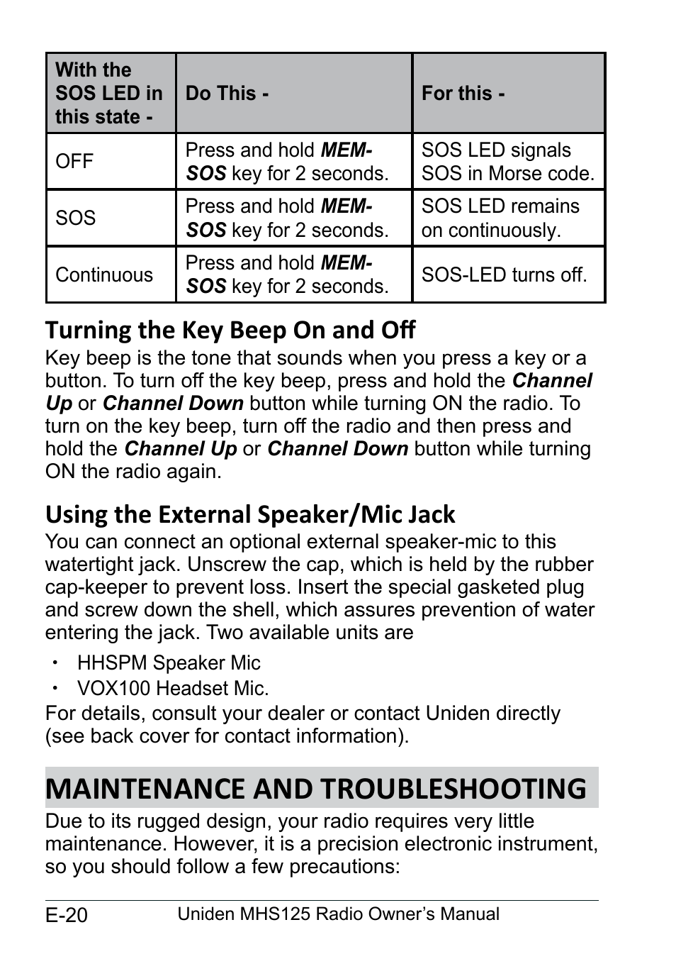 Turning the key beep on and off, Using the external speaker/mic jack, Maintenance and troubleshooting | Turning.the.key.beep, On.and.off............................... e-20, Using.the.external.speaker, Mic.jack................................... e-20, Maintenance.and, Troubleshooting..................... e-20 | Uniden MHS125 User Manual | Page 24 / 40