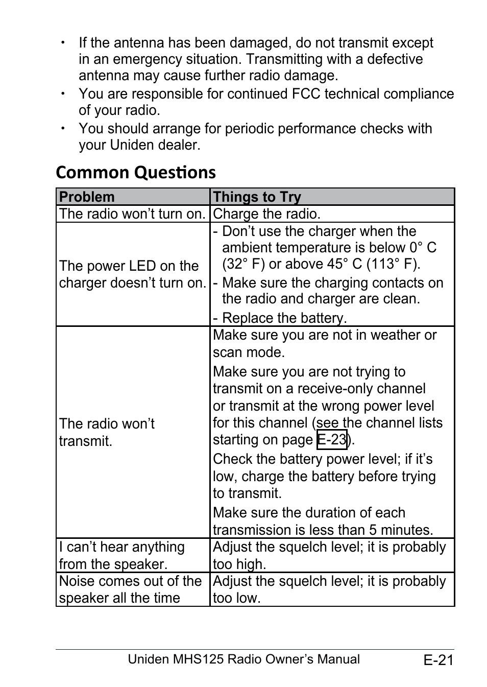 Common questions, Common.questions.................... e-21 | Uniden MHS125 User Manual | Page 25 / 40