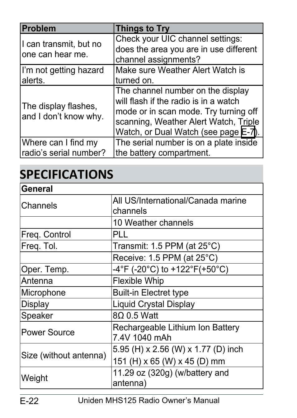 Specifications, Specifications........................... e-22 | Uniden MHS125 User Manual | Page 26 / 40