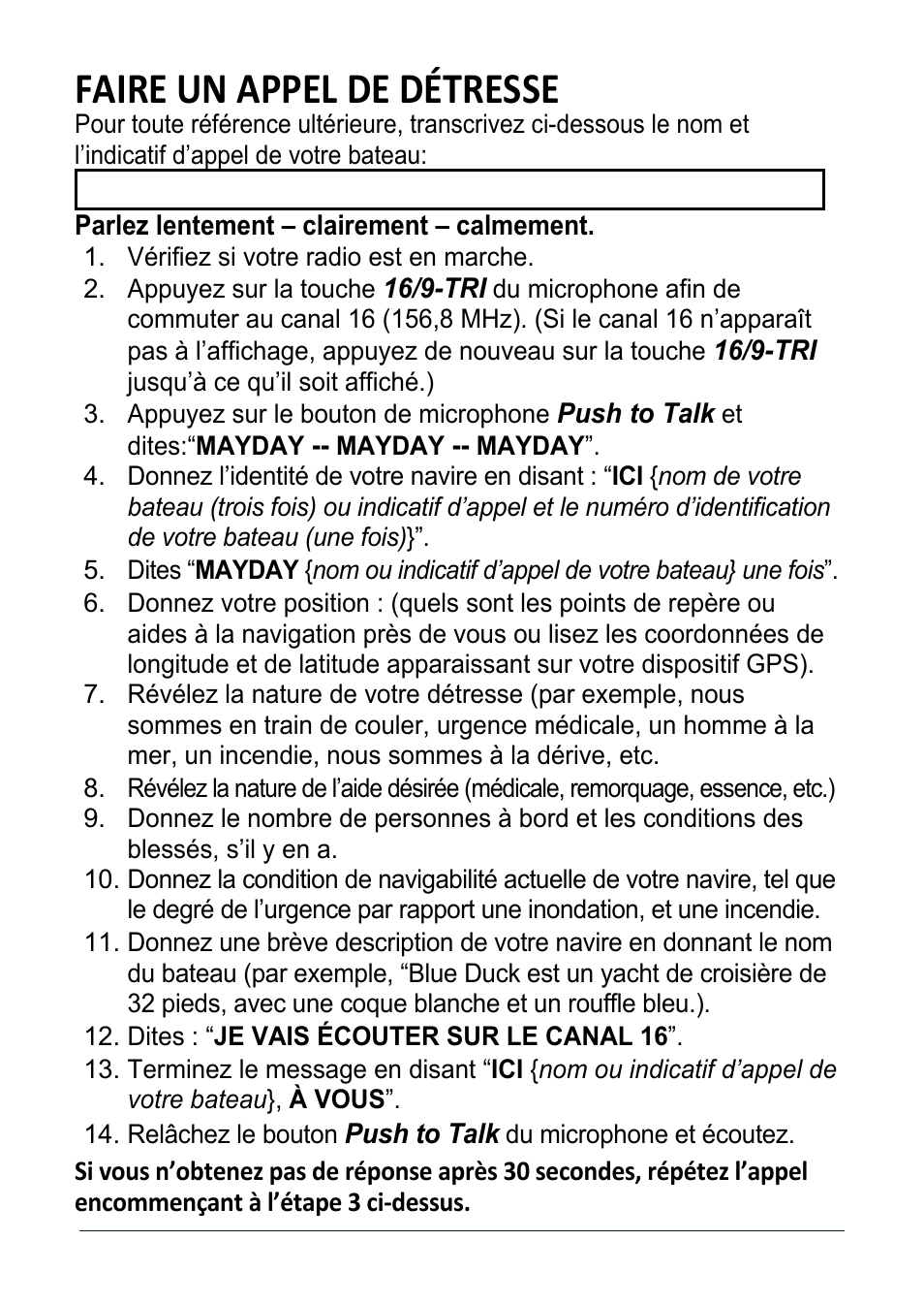Faire un appel de détresse | Uniden MHS125 User Manual | Page 3 / 40
