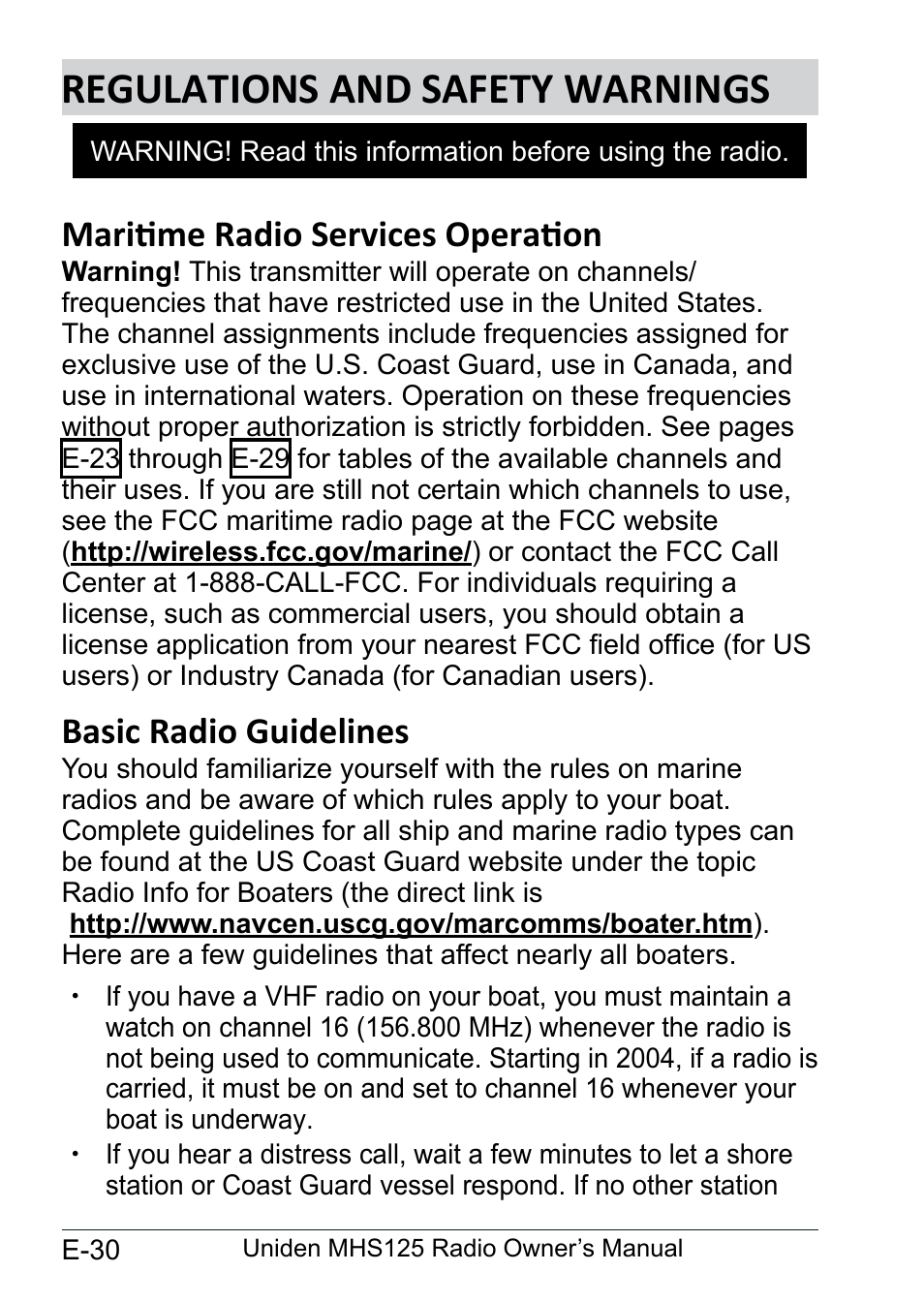 Regulations and safety warnings, Maritime radio services operation, Basic radio guidelines | Regulations.and, Safety.warnings..................... e-30, Maritime.radio.services, Operation................................. e-30, Basic.radio.guidelines.............. e-30 | Uniden MHS125 User Manual | Page 34 / 40