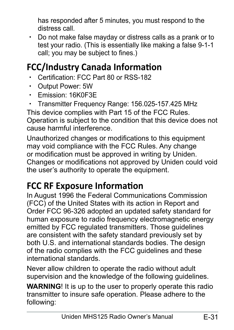 Fcc/industry canada information, Fcc rf exposure information | Uniden MHS125 User Manual | Page 35 / 40