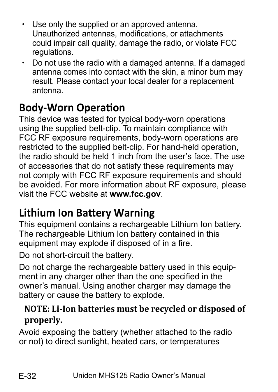 Body-worn operation, Lithium ion battery warning | Uniden MHS125 User Manual | Page 36 / 40