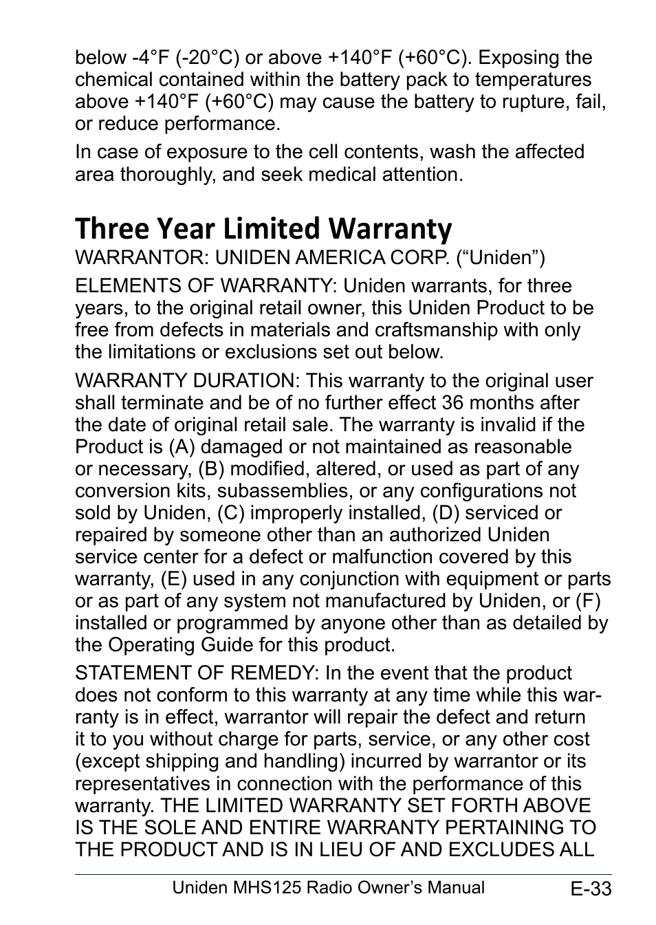 Three year limited warranty, Three.year.limited, Warranty................................. e-33 | Uniden MHS125 User Manual | Page 37 / 40