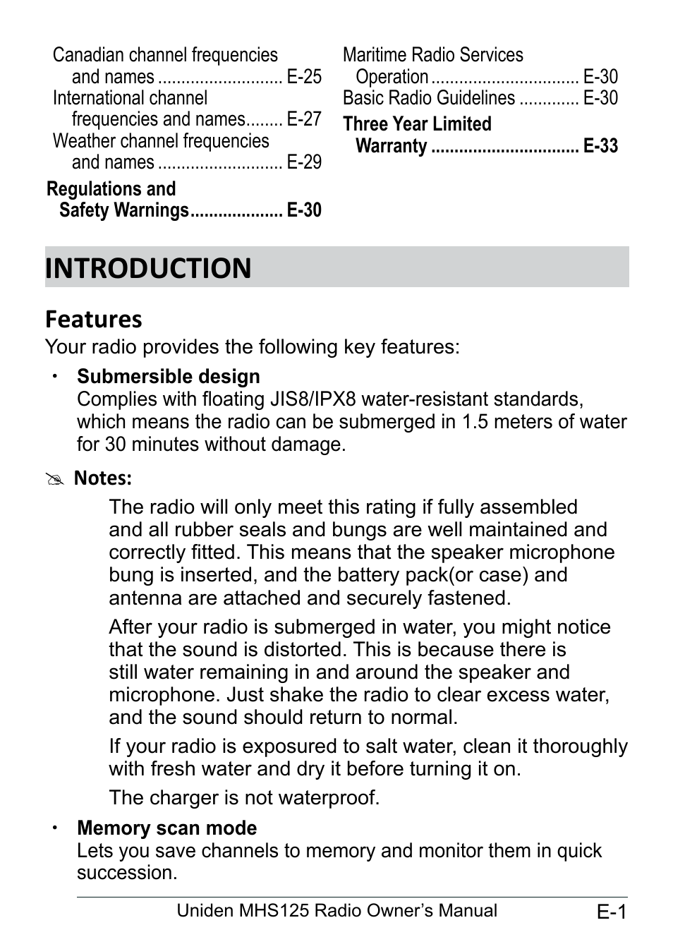 Introduction, Features, Introduction................................. e-1 | Uniden MHS125 User Manual | Page 5 / 40