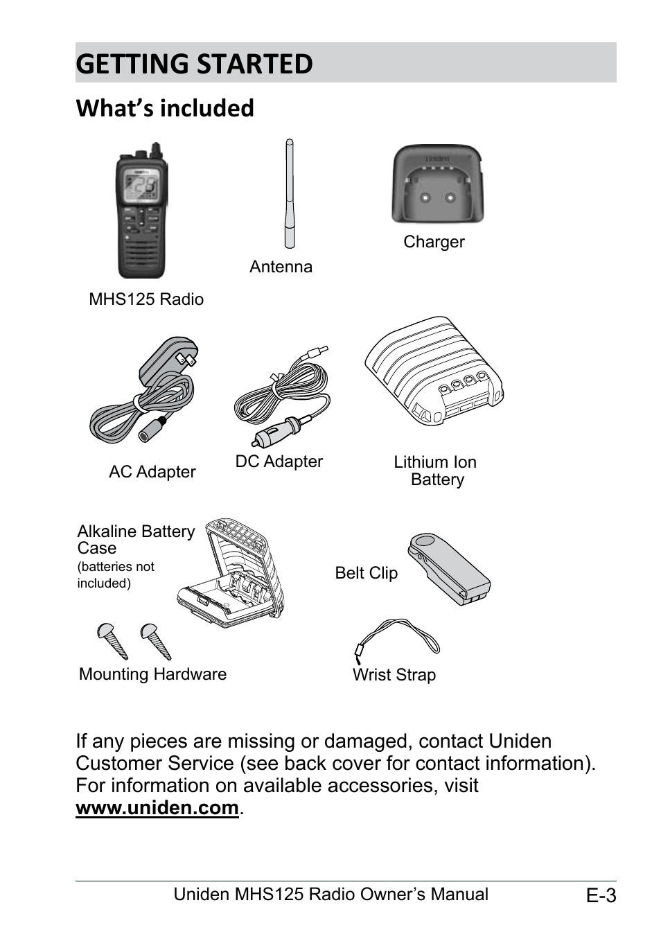 Getting started, What’s included, Getting.started............................ e-3 | What’s.included............................ e-3 | Uniden MHS125 User Manual | Page 7 / 40