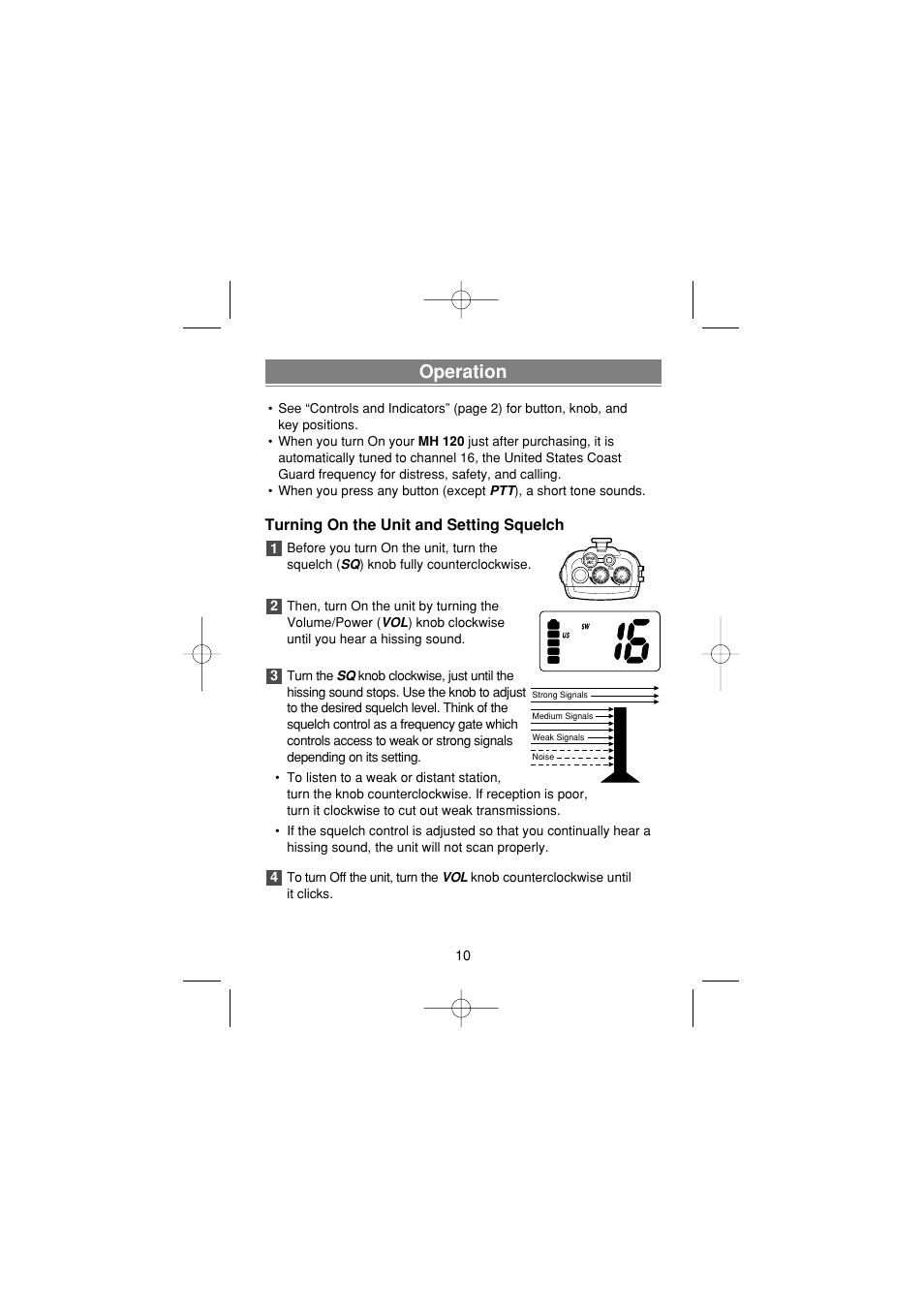 Operation, Turning on the unit and setting squelch | Uniden MH120 User Manual | Page 12 / 32