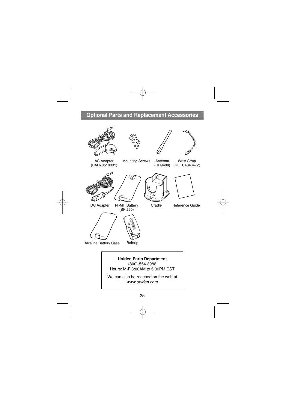 Optional parts and replacement accessories | Uniden MH120 User Manual | Page 27 / 32