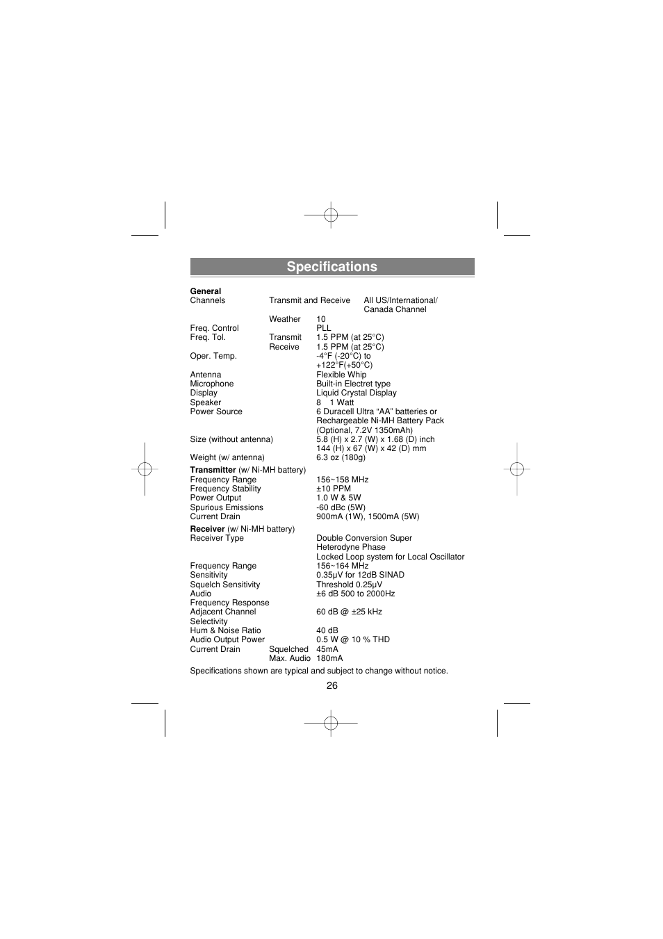 Specifications | Uniden MH120 User Manual | Page 28 / 32