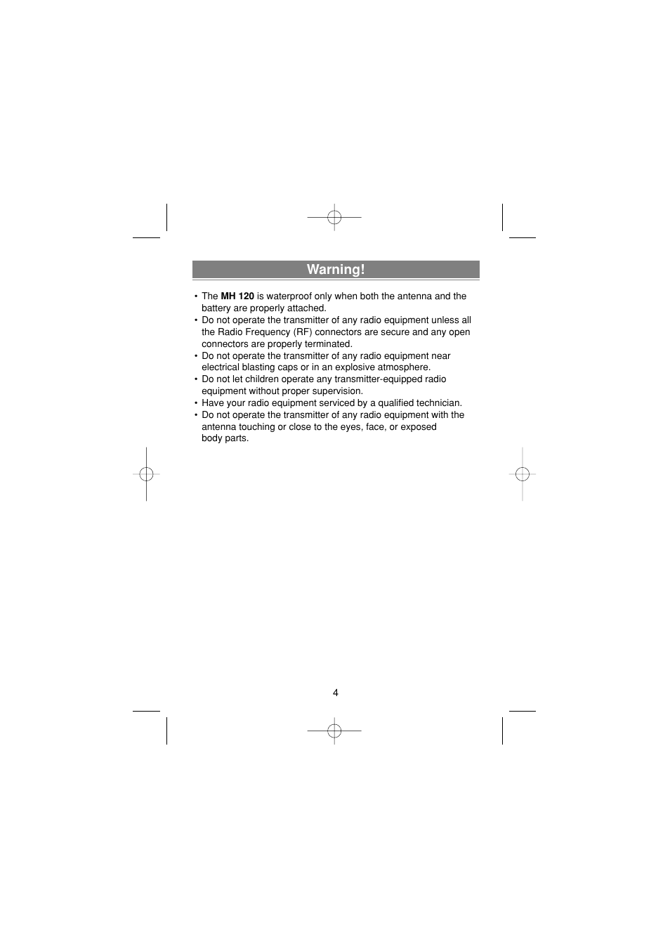 Warning | Uniden MH120 User Manual | Page 6 / 32