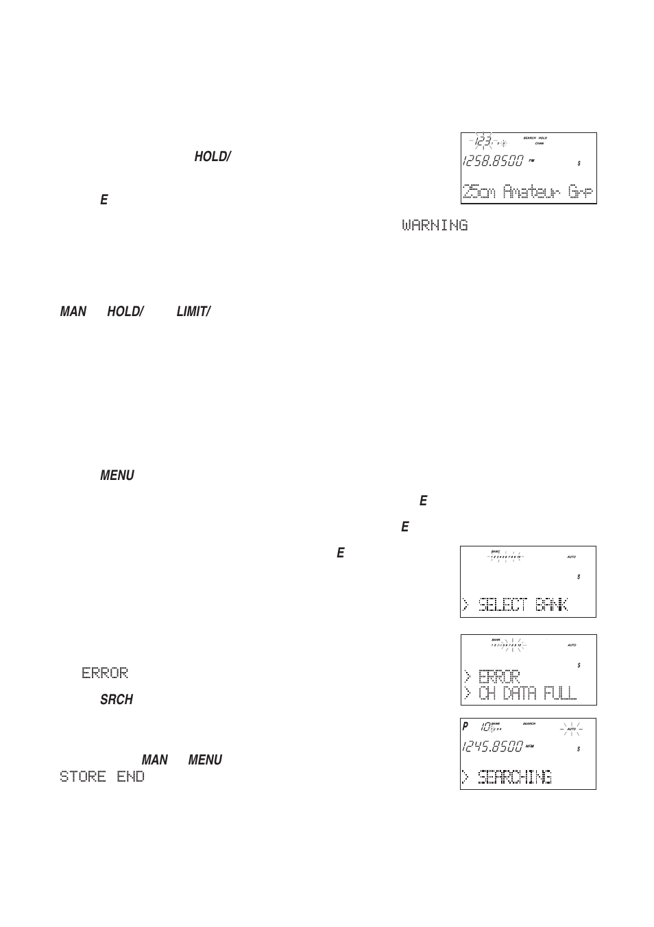 Storing search frequencies, Warning, Auto storing | Error, Store end | Uniden UBC780XLT User Manual | Page 38 / 92