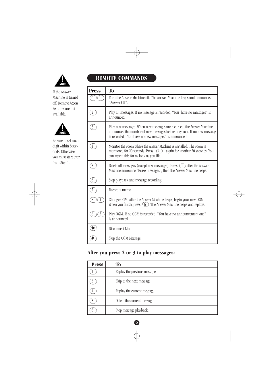 Remote commands | Uniden DA069 User Manual | Page 10 / 12