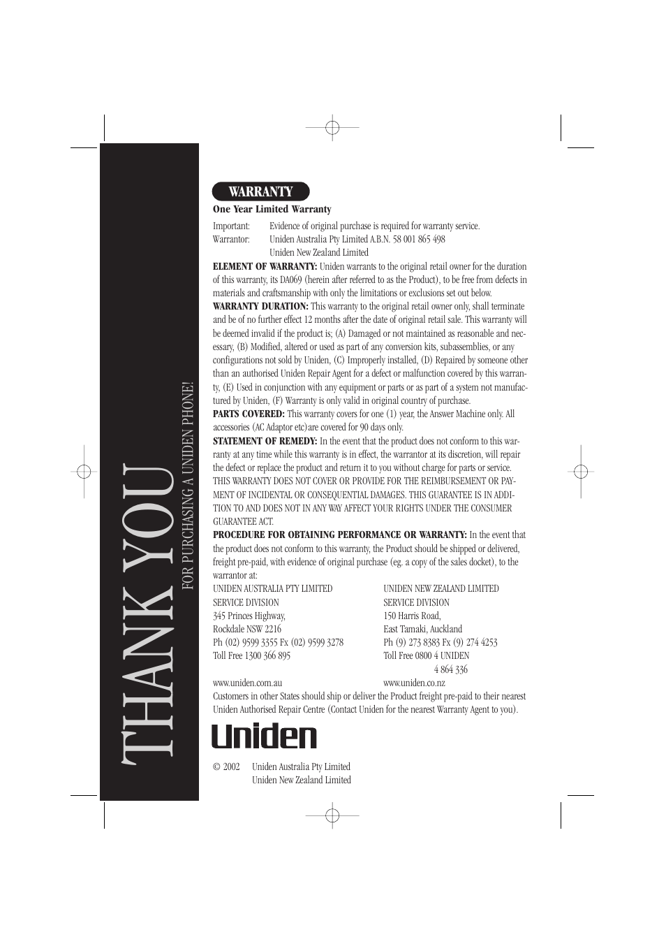 For purchasing a uniden phone | Uniden DA069 User Manual | Page 12 / 12