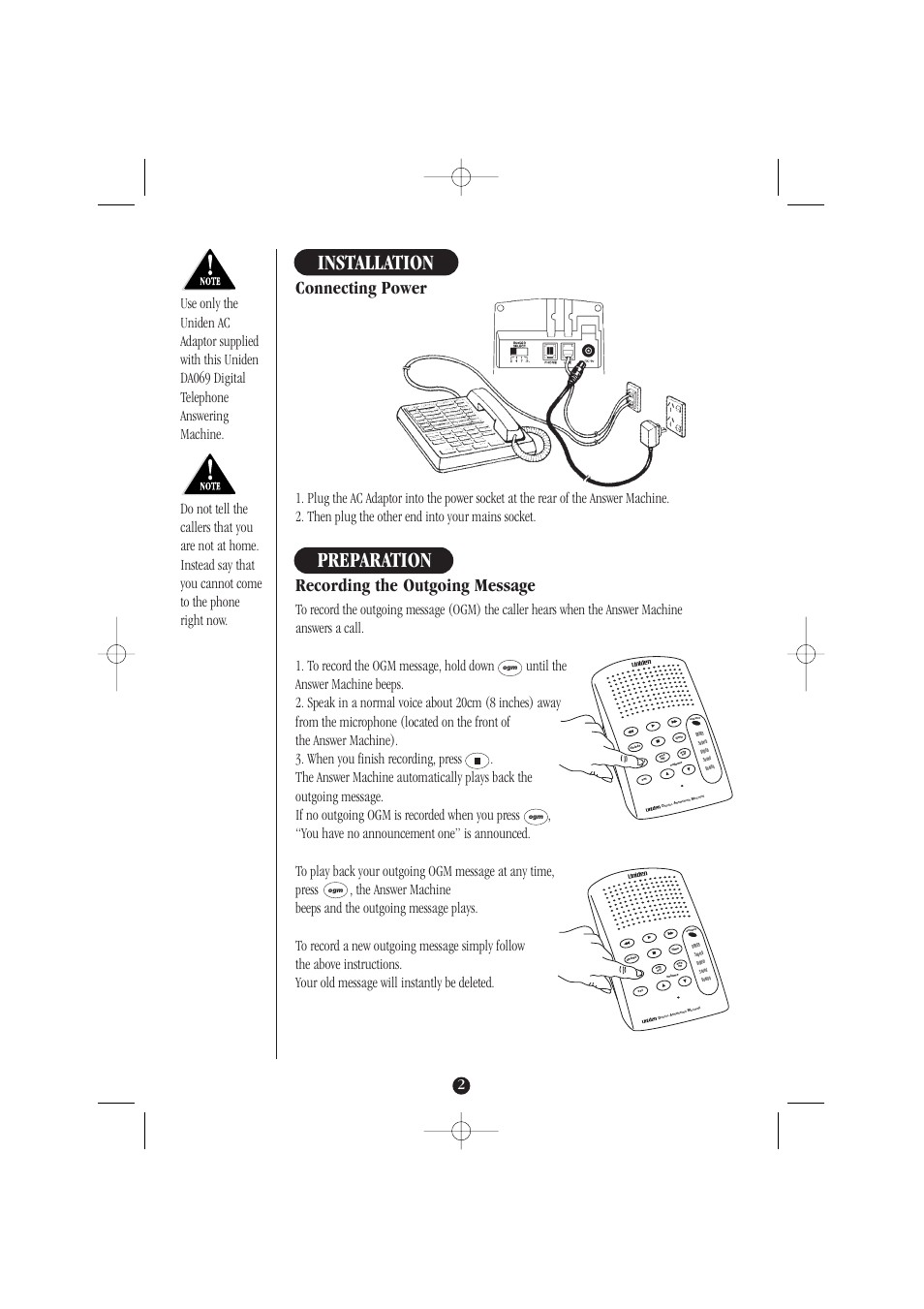 Installation, Preparation, Connecting power | Recording the outgoing message | Uniden DA069 User Manual | Page 6 / 12