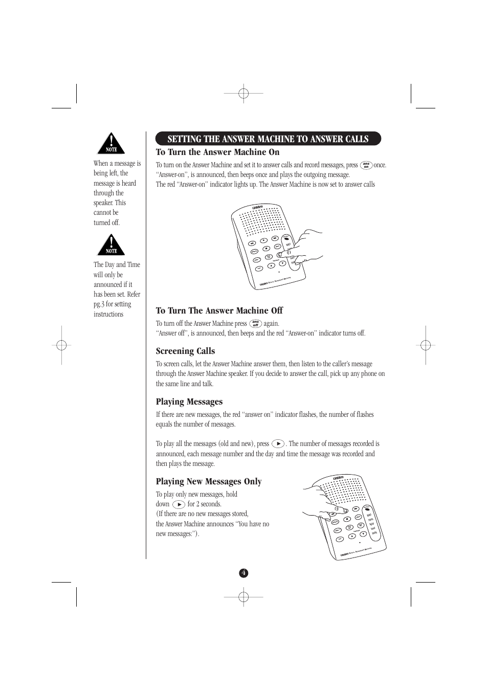 Setting the answer machine to answer calls, Screening calls, Playing messages | Playing new messages only | Uniden DA069 User Manual | Page 8 / 12