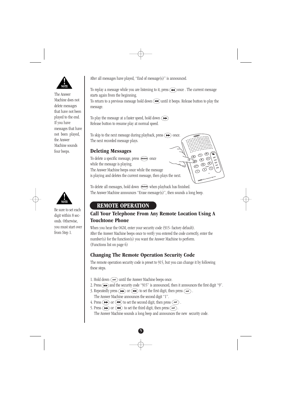 Remote operation, Deleting messages, Changing the remote operation security code | Uniden DA069 User Manual | Page 9 / 12