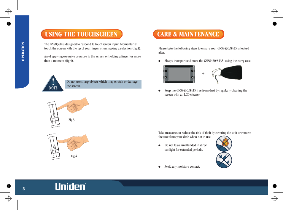 Care & maintenance, Using the touchscreen | Uniden GNS8435 User Manual | Page 10 / 120