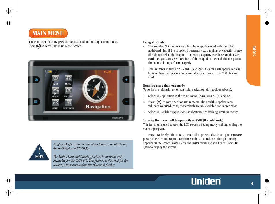 Main menu | Uniden GNS8435 User Manual | Page 11 / 120