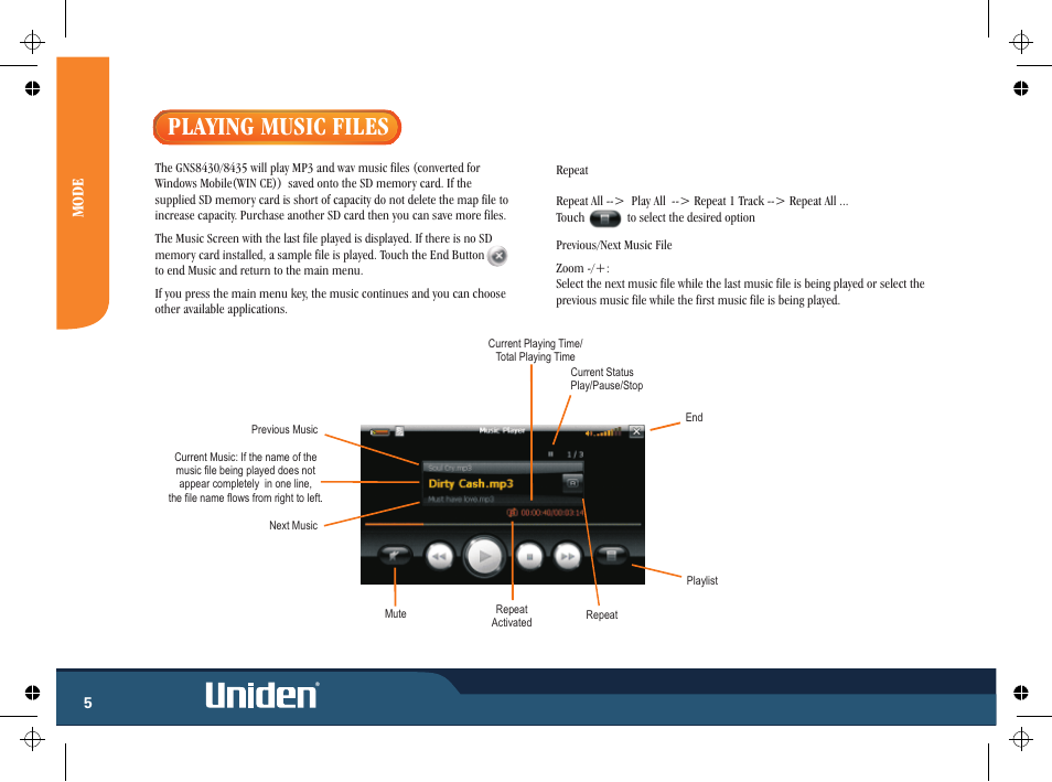 Playing music files, Mode, Mo d e | Uniden GNS8435 User Manual | Page 12 / 120