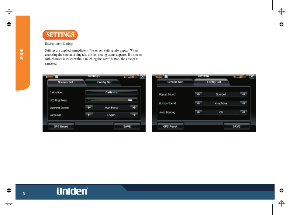 Settings | Uniden GNS8435 User Manual | Page 16 / 120