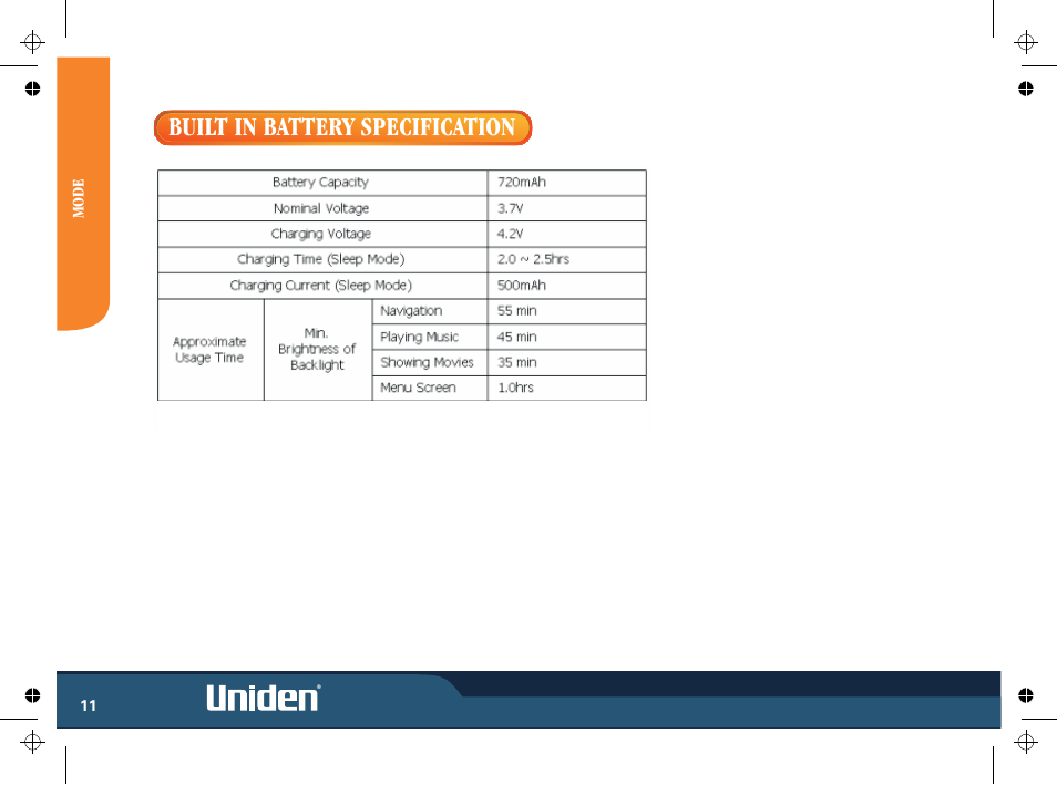 Built in battery specification | Uniden GNS8435 User Manual | Page 18 / 120