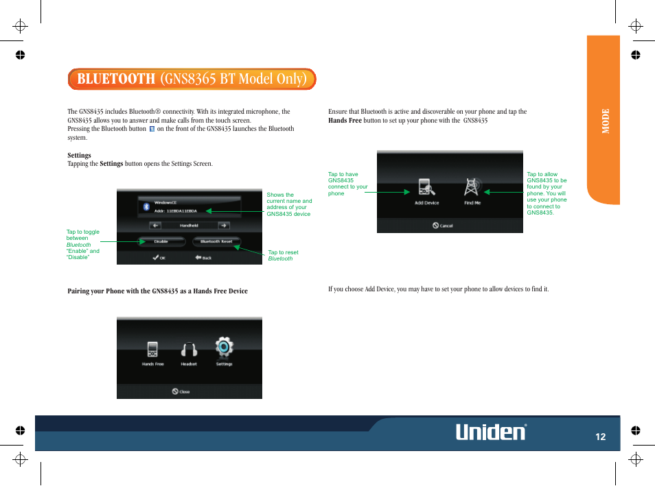 Bluetooth (gns8365 bt model only), Mo d e | Uniden GNS8435 User Manual | Page 19 / 120