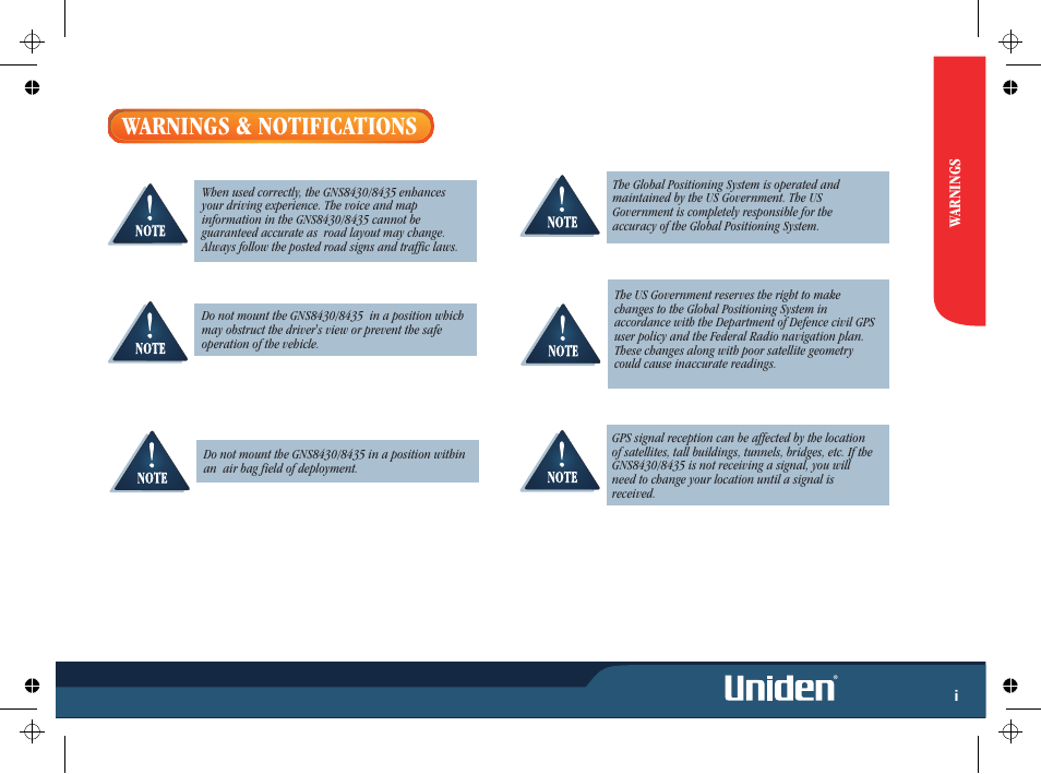 Warnings & notifications | Uniden GNS8435 User Manual | Page 3 / 120