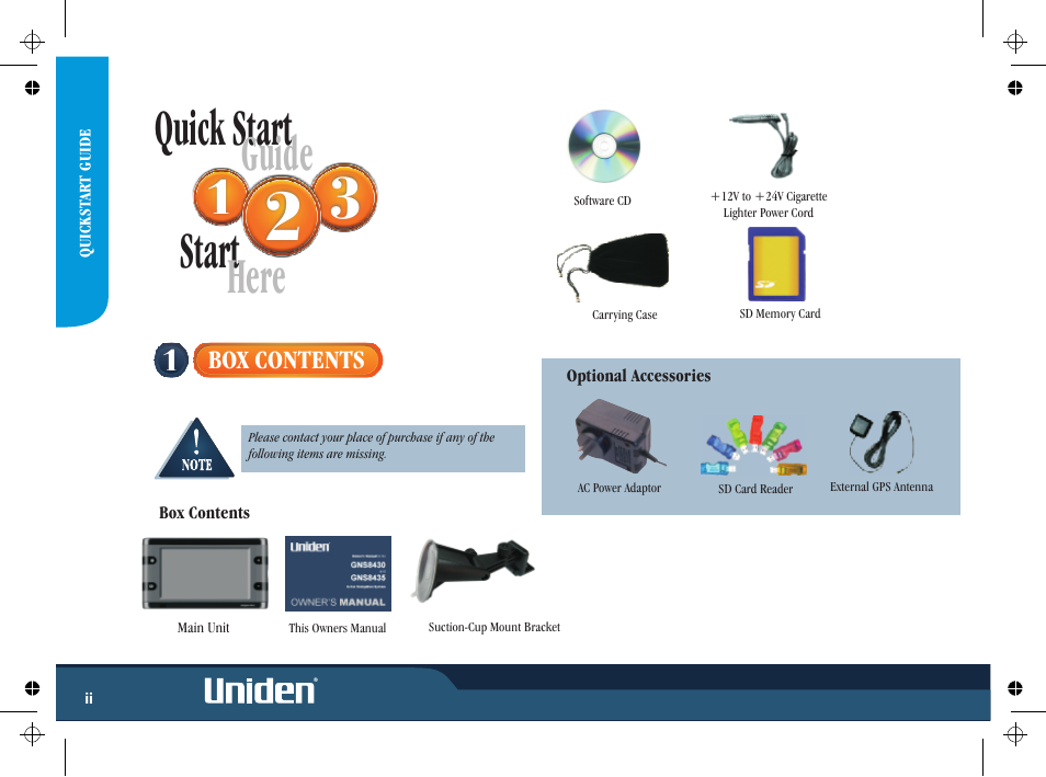 Quick start, Start, Guide | Here | Uniden GNS8435 User Manual | Page 4 / 120