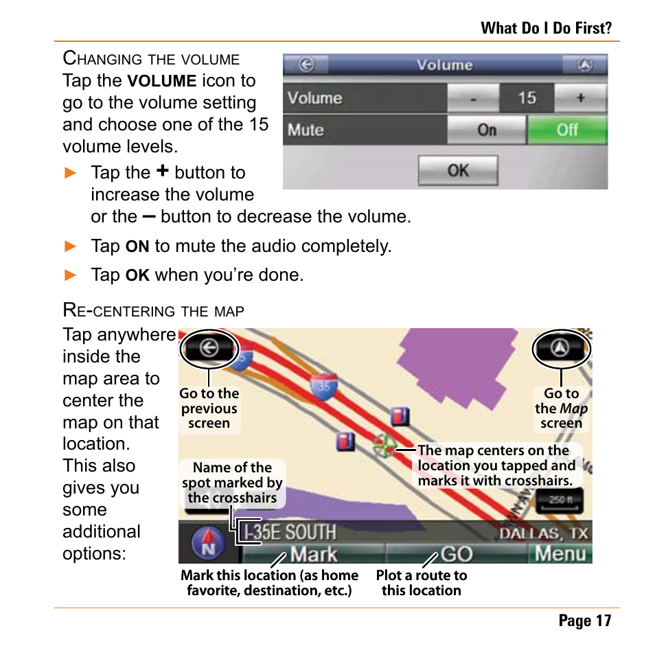 Changing the volume, Re-centering the map | Uniden TRAX430 User Manual | Page 17 / 84