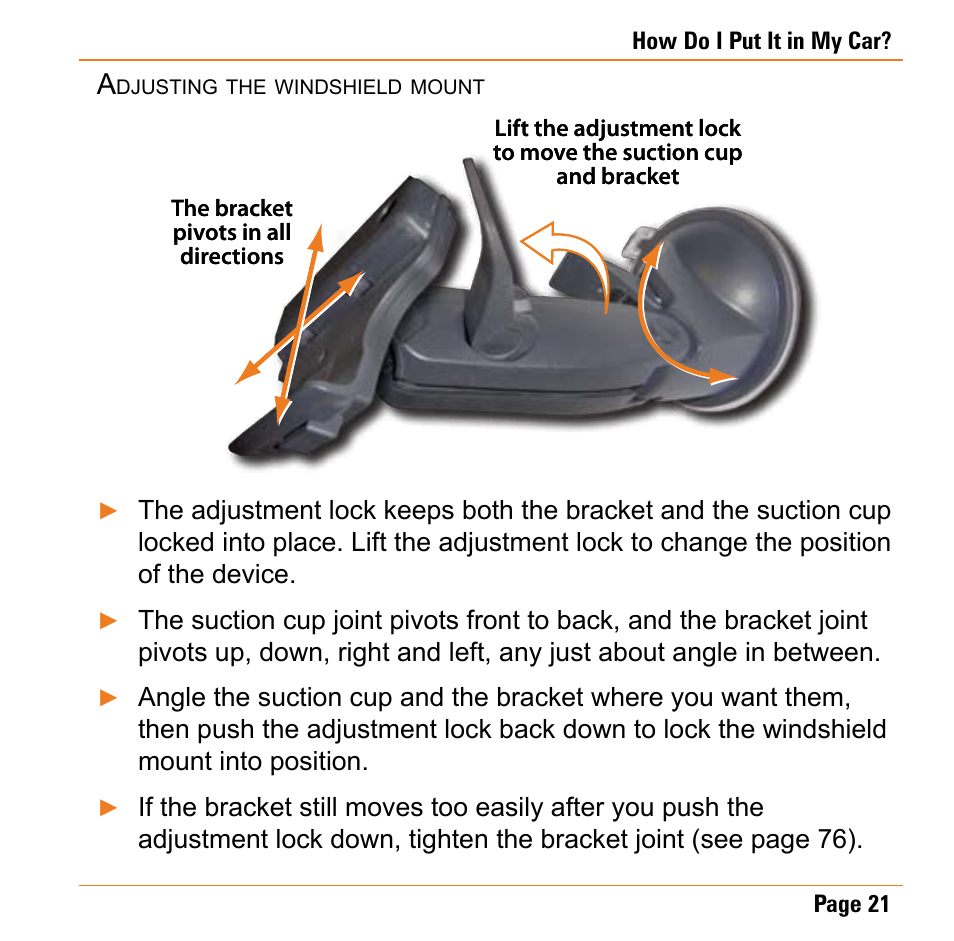 Adjusting the windshield mount | Uniden TRAX430 User Manual | Page 21 / 84