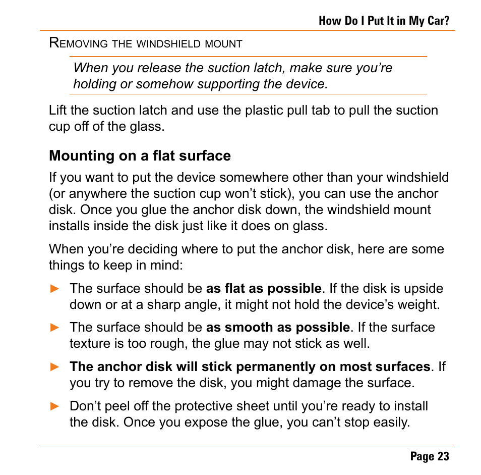 Removing the windshield mount, Mounting on a flat surface | Uniden TRAX430 User Manual | Page 23 / 84