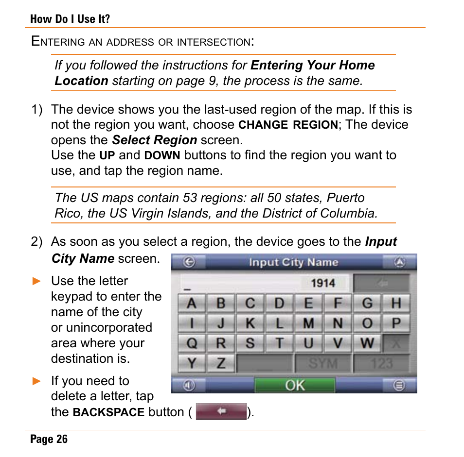 Entering an address or intersection, Entering an address or intersection: . 26 | Uniden TRAX430 User Manual | Page 26 / 84