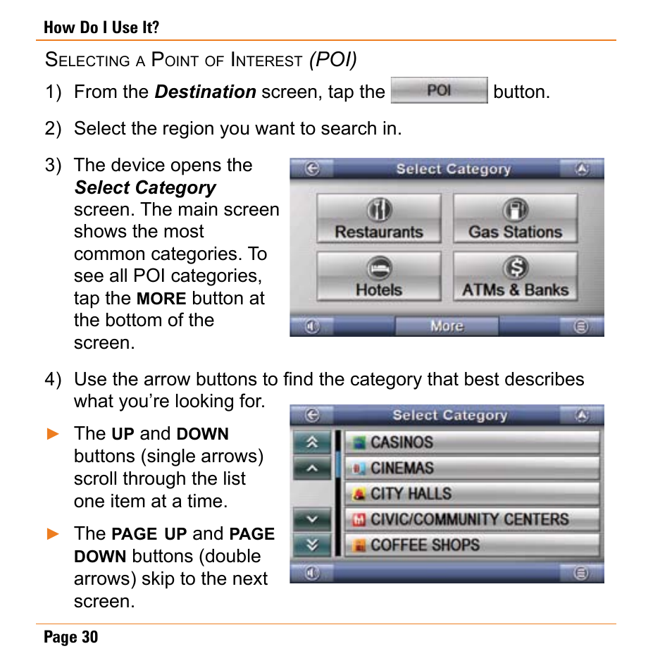 Selecting a point of interest (poi), Poi) | Uniden TRAX430 User Manual | Page 30 / 84